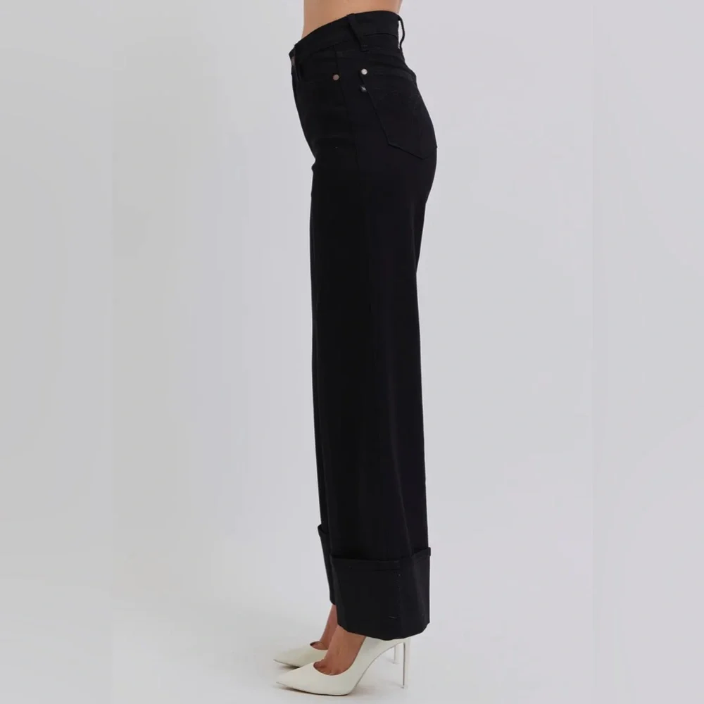 Judy Blue High Waisted Retro Wide Cuffed Leg Black Jeans NWT - Picture 5 of 8